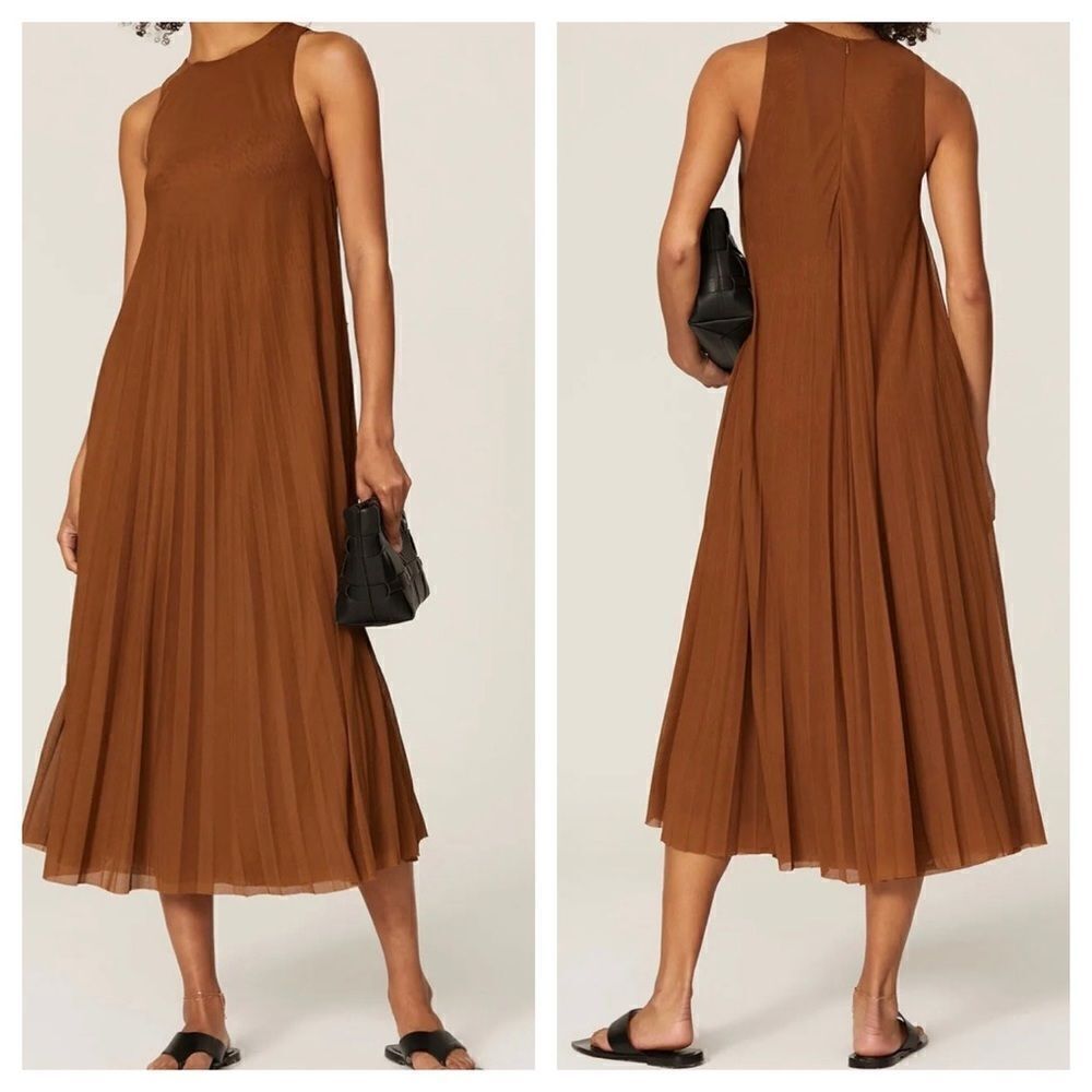 Vince. Brown High Neck Pleateddress